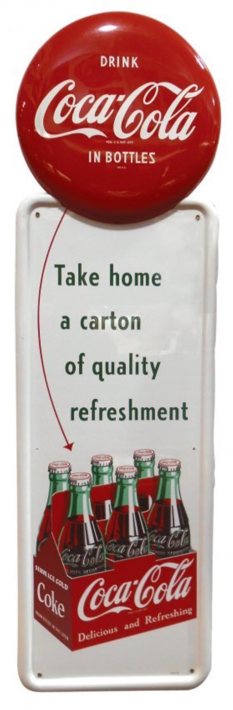 Coca-Cola sign, red button & carton graphic, "Take Home