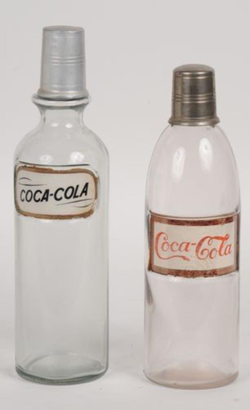 2 COCA-COLA LABEL UNDER GLASS SYRUP BOTTLES