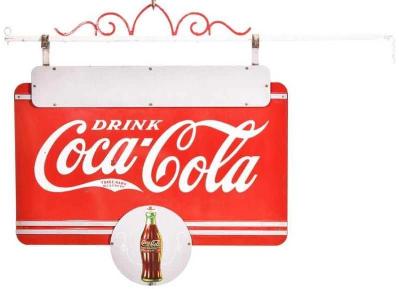 Drink Coca-Cola w/TM Tail & Bottle Porcelain Sign