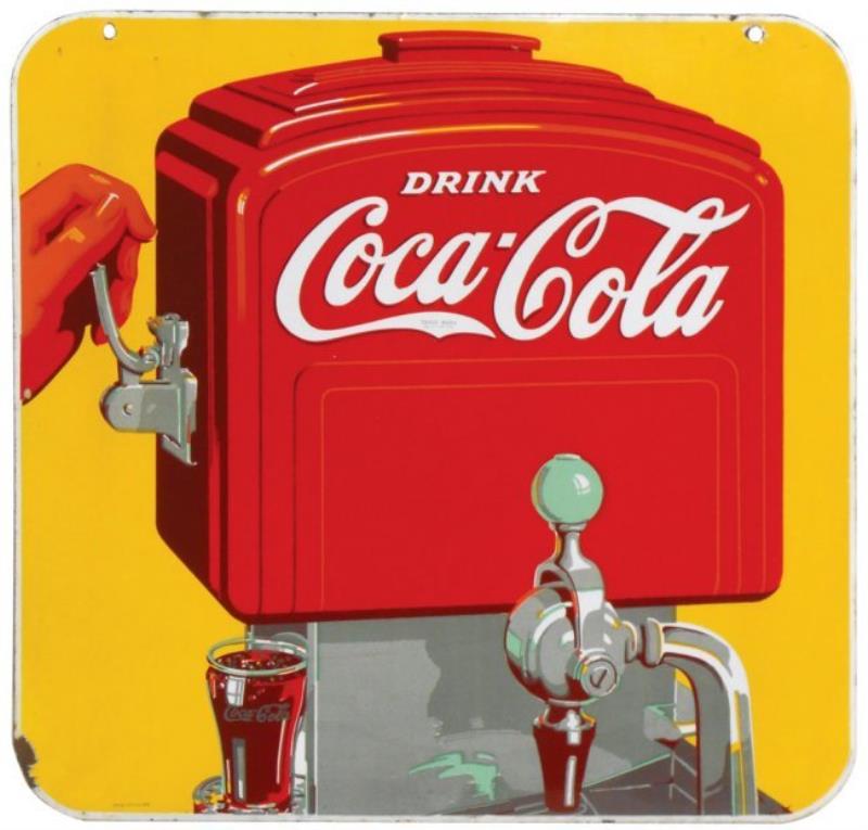 Coca-Cola porcelain sign, 2-sided w/cooler on both