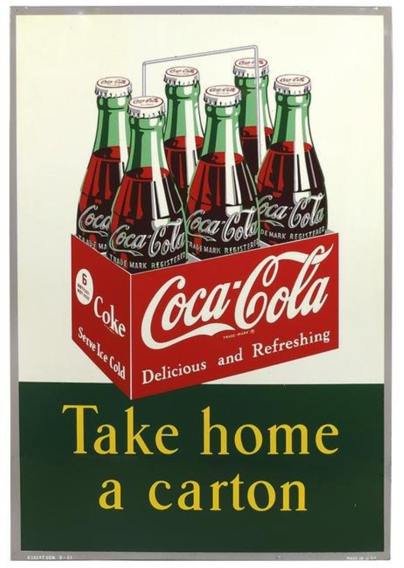 Coca-Cola Sign, "Take Home a Carton", colorful litho on
