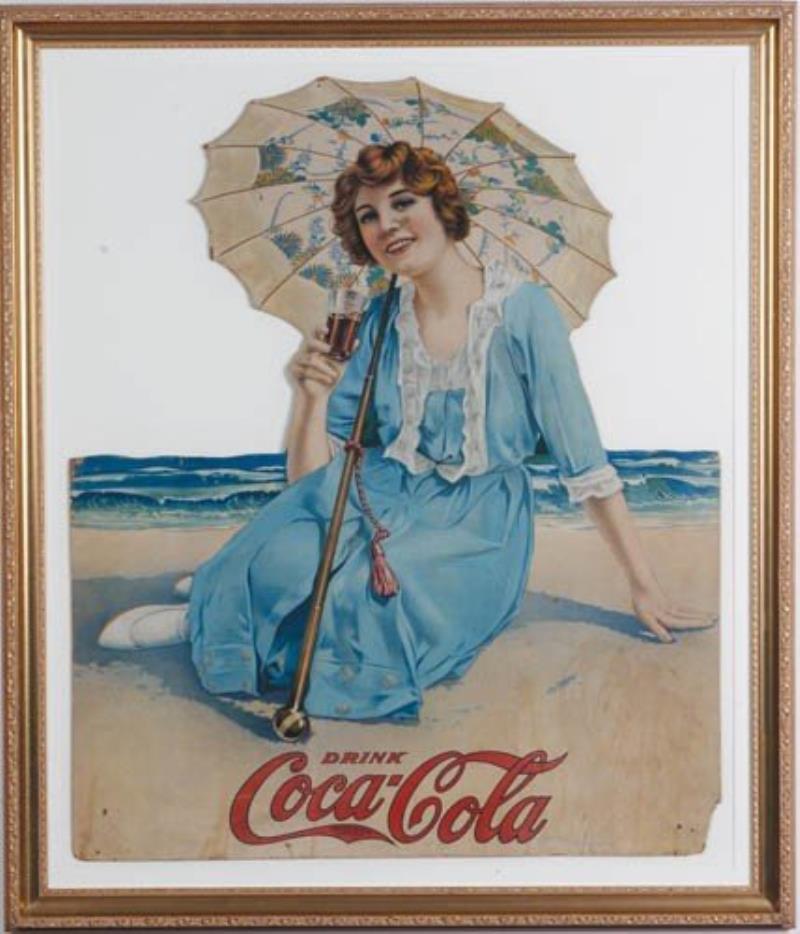 c1914 Coca-Cola cardboard cutout, girl at beach