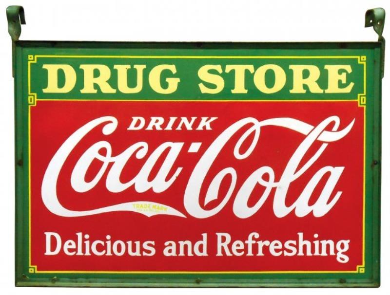 Coca-Cola Drug Store sign in orig hanger, 2-sided