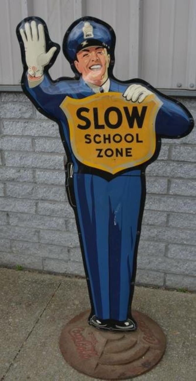 Coca-Cola Policeman "Slow School Zone" Metal Sig