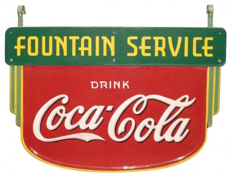 Coca-Cola sign, porcelain 2-sided "Fountain Service"
