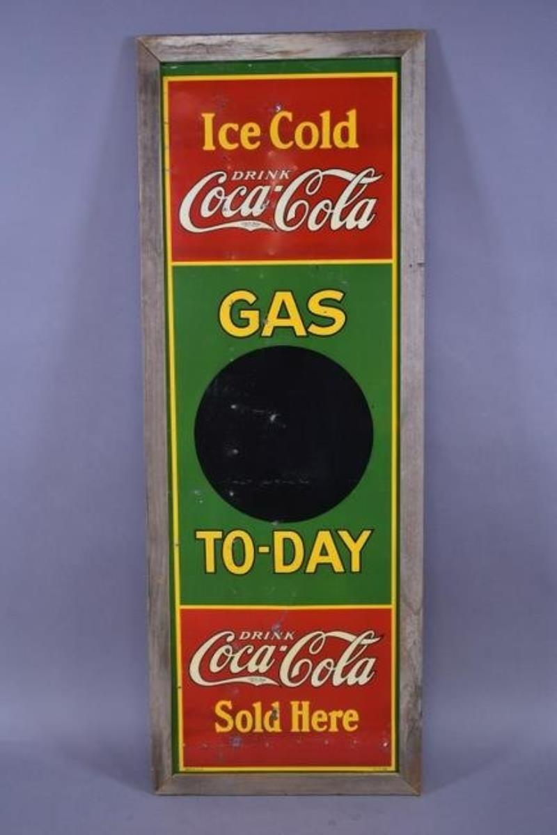 1932 COCA COLA "GAS TO-DAY" TIN SIGN W/ WOOD FRAME