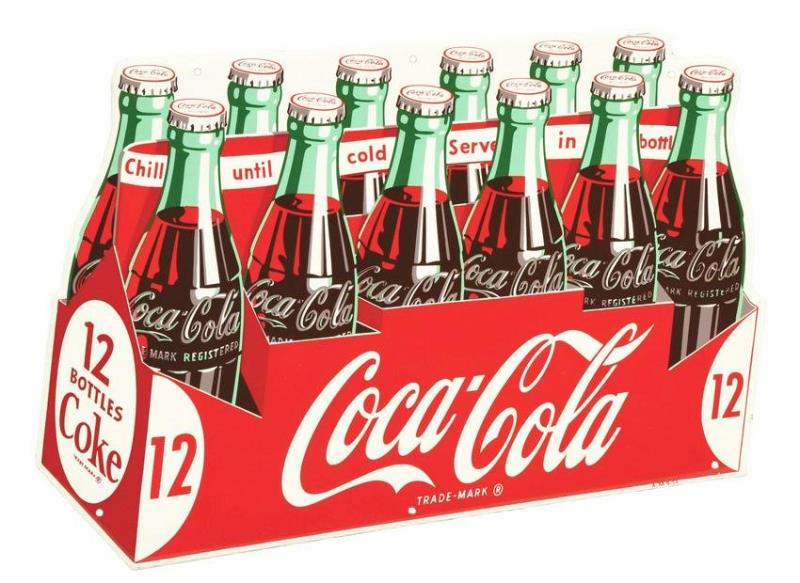 COCA-COLA 12 BOTTLE DIE-CUT CARTON SIGN.