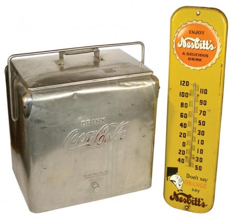 Coca-Cola picnic cooler & Nesbitt's thermometer,