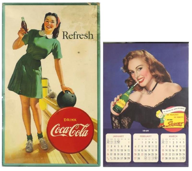 Coca-Cola sign & calendar, bowling-themed sign, cdbd,