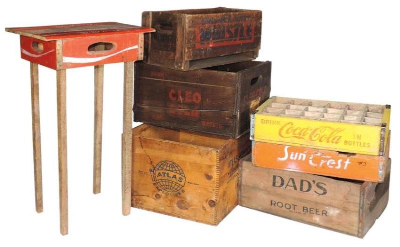 Wood Advertising Crates (7), Whistle, Cleo Cola, Sun