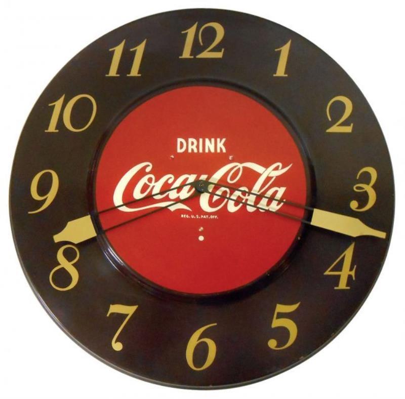 Coca-Cola clock, metal w/maroon face, c.1951, VG workin
