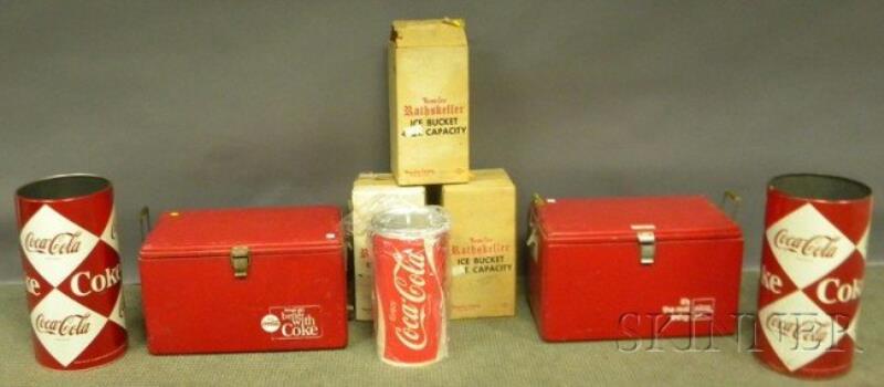 Two Coca-Cola Metal Coolers, Two Umbrella Stands,