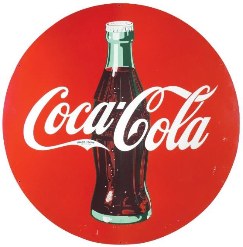Coca-Cola sign w/bottle graphic, metal, VG+ cond,