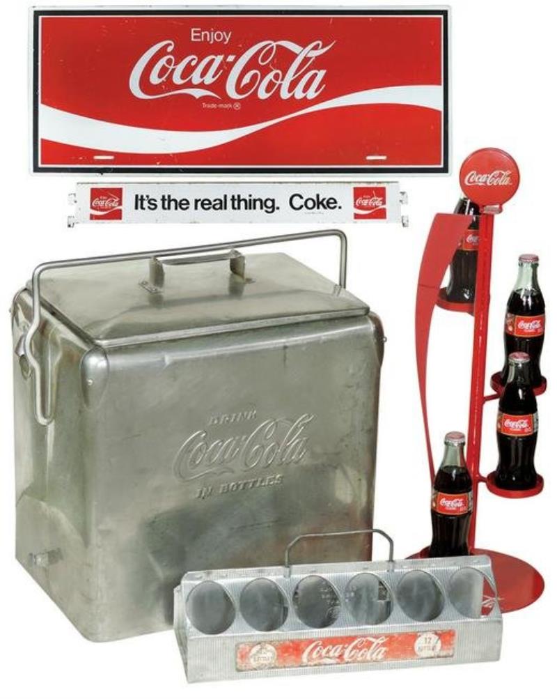 Coca-Cola items (5), embossed aluminum picnic cooler,