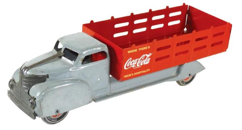 Coca-Cola toy stake bed truck, Louis Marx, pressed