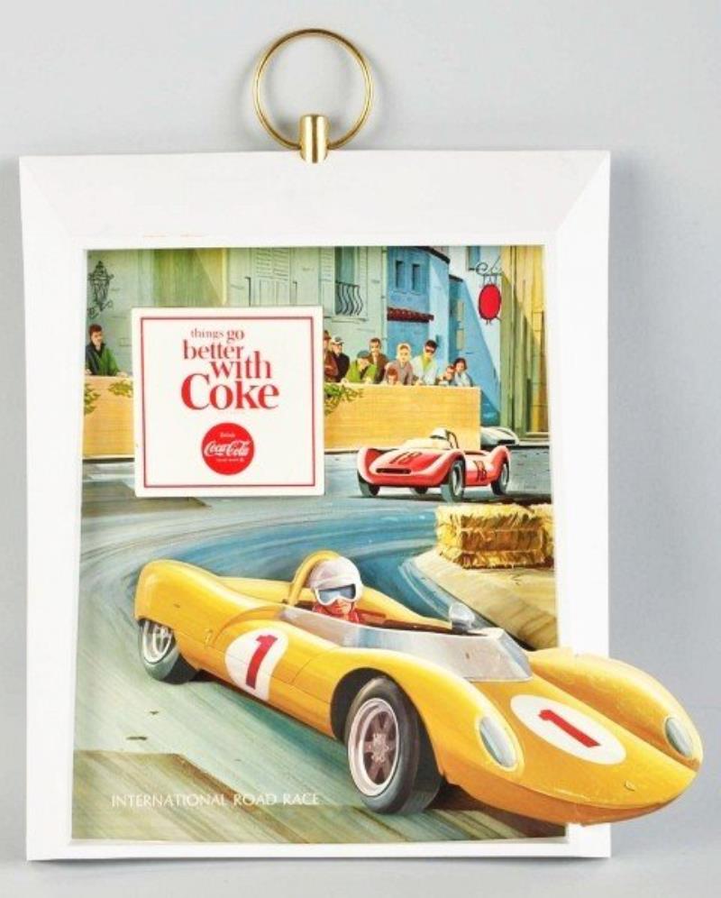 Plastic & Cardboard Coca-Cola Race Car Sign.
