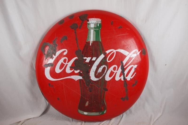 Coca Cola red porcelain button sign, losses, 48"