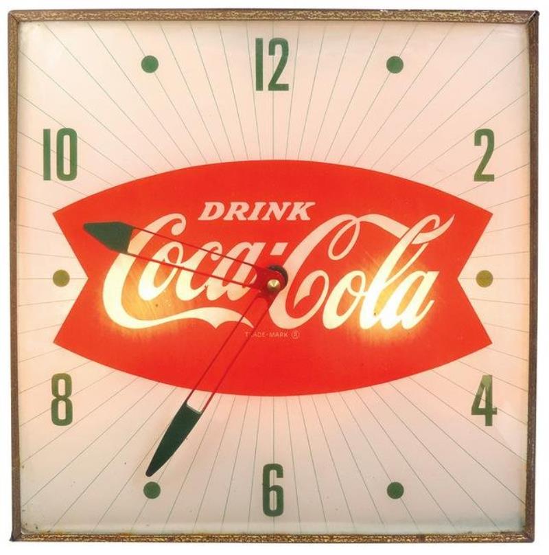Coca-Cola Clock, Pam lightup fishtail, square gold