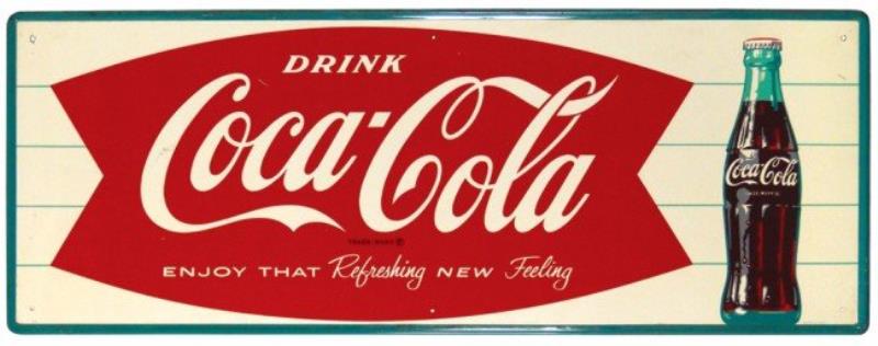 Drink Coca-Cola metal sign, fishtail w/bottle grap