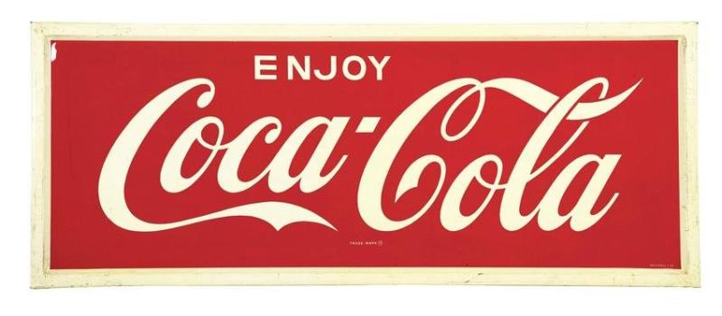 LARGE ENJOY COCA-COLA SELF FRAMED TIN ADVERTISING SIGN.