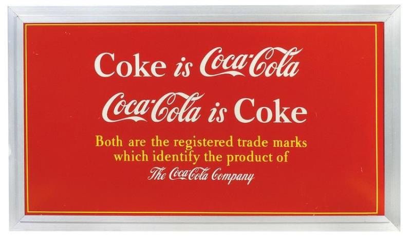 Coca-Cola Sign, "Coke is Coca-Cola", litho on cdbd in
