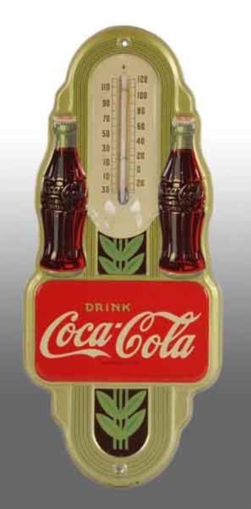 Embossed Tin Coca-Cola Double Bottle Thermometer.