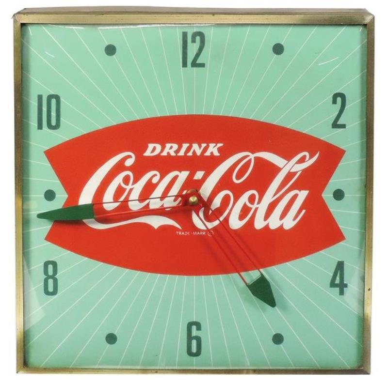 Coca-Cola Clock, square convex glass fishtail in gold