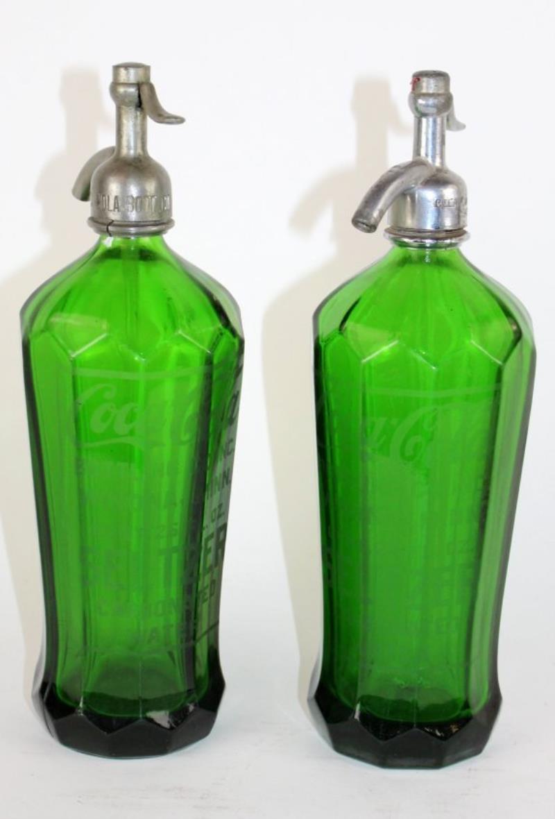 Lot of 2 vintage green glass seltzer bottles