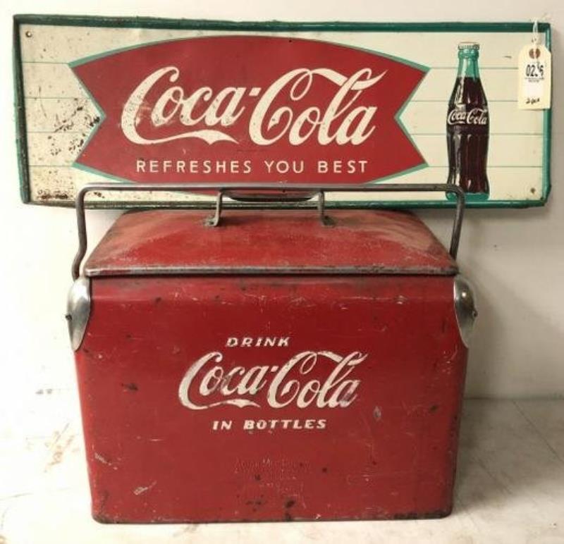 OLD COCA COLA TIN SIGN AND COOLER, HAVE SURFACE WEAR,