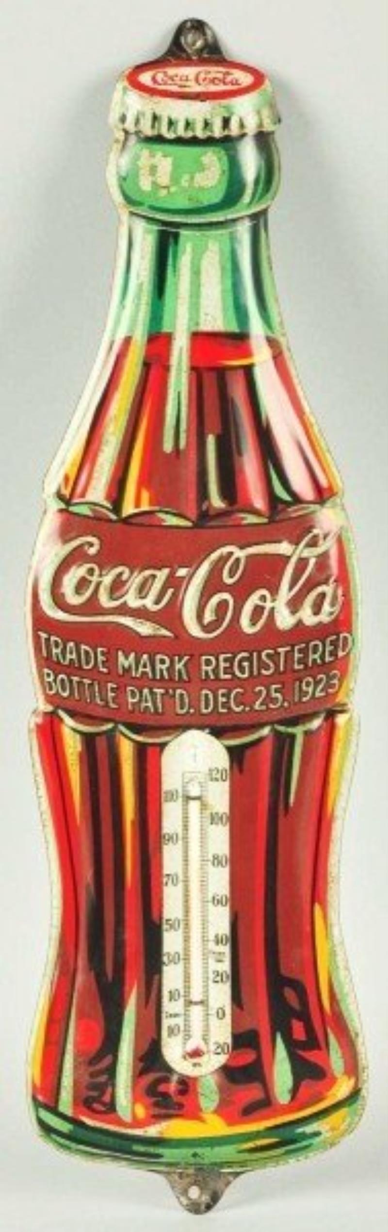1931 Embossed Tin Coca-Cola Bottle Thermometer.