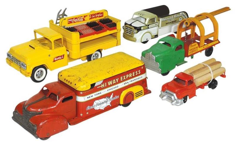 Toy Trucks (5), pressed steel & litho on tin, Buddy L