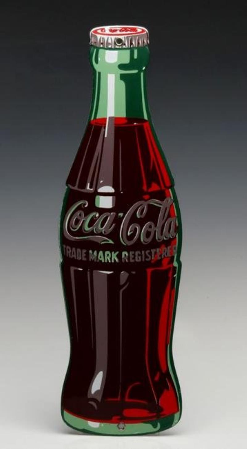 A 1950s PORCELAIN ENAMEL COCA-COLA BOTTLE SIGN