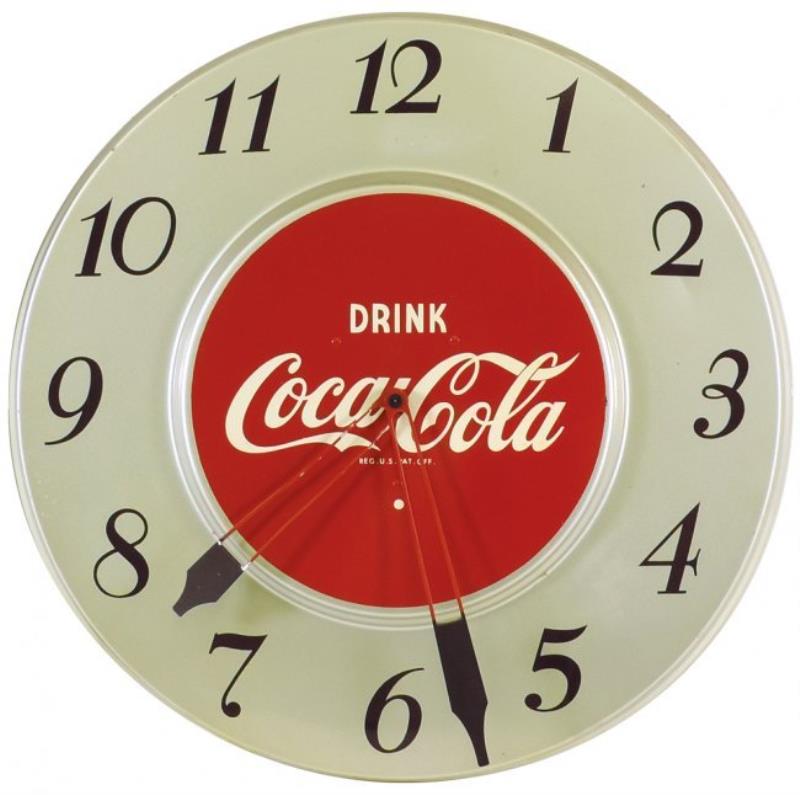 Coca-Cola clock, metal w/silver paint, c.1951, Exc
