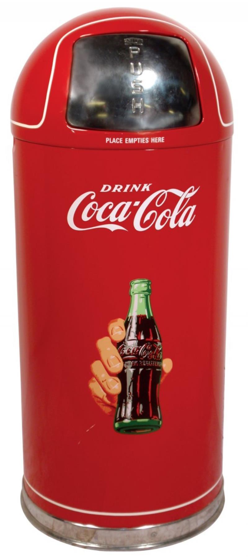 Coca-Cola metal trash can w/domed top, red w/bott