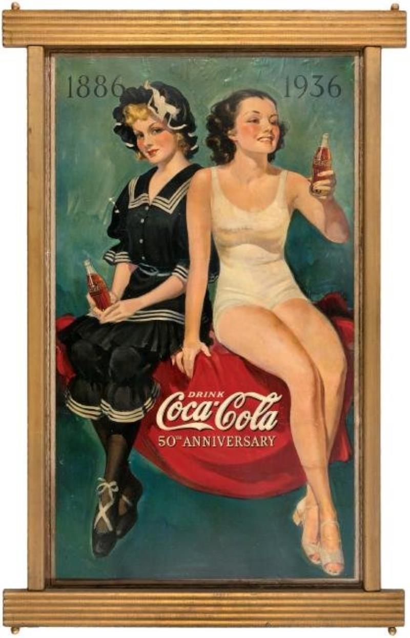 "COCA-COLA 50th ANNIVERSARY" FRAMED SIGN.