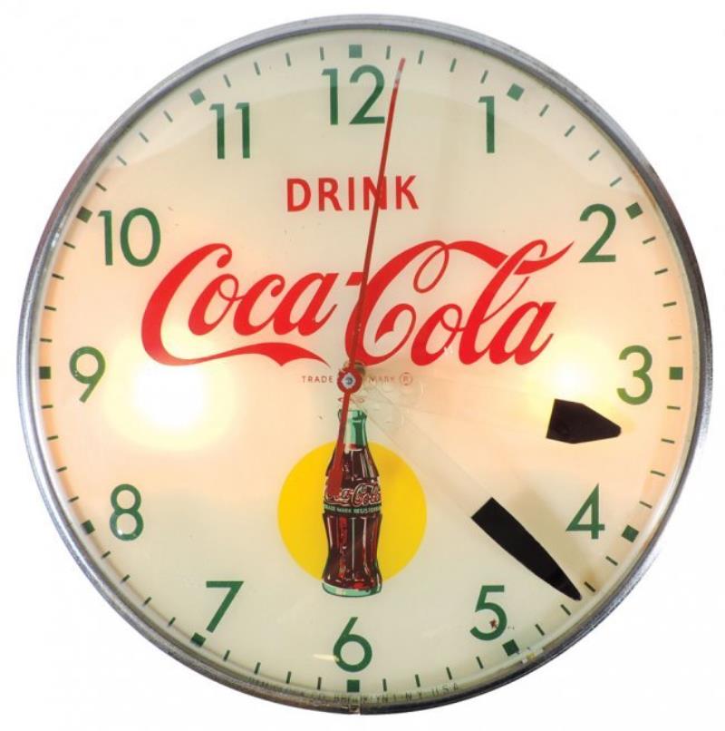 Coca-Cola clock, light-up w/bottle graphic, 1950's, Pam