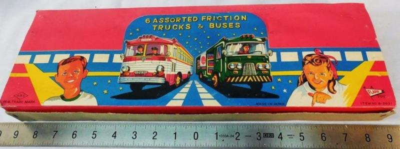 6 Assorted Friction Trucks & Buses Flag Toys