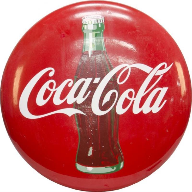 Coca-Cola w/Bottle Picture Porcelain Button Sign, R