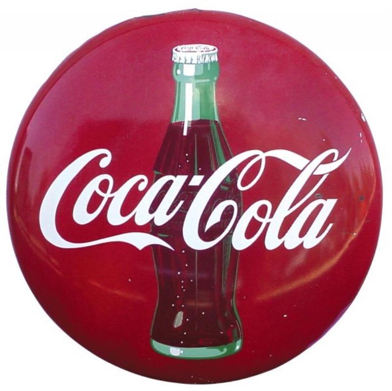 Coca-Cola porcelain button sign, shows bottle, ed