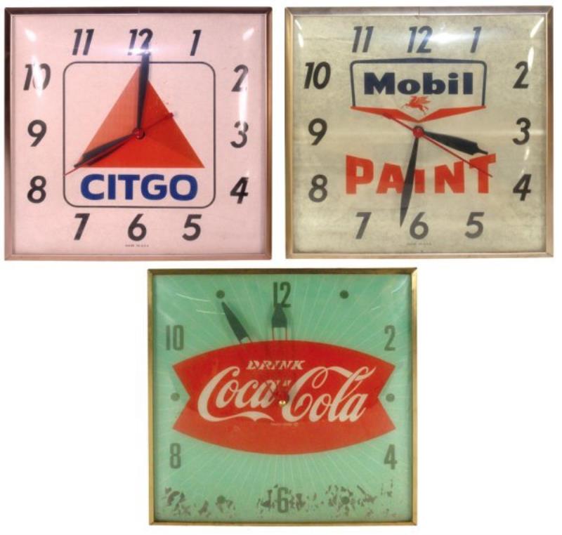 Clocks (3), Coca-Cola Fishtail, Mobil Paint & Cit