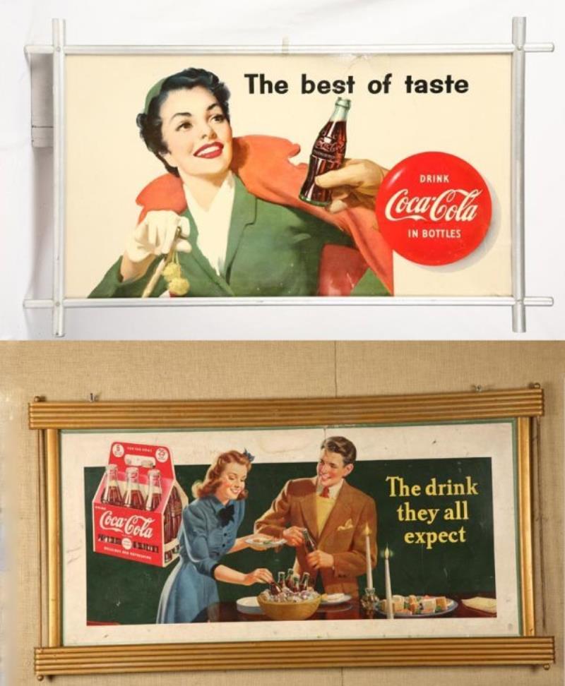 TWO COCA COLA SIGNS. Both are cardboard, one is a