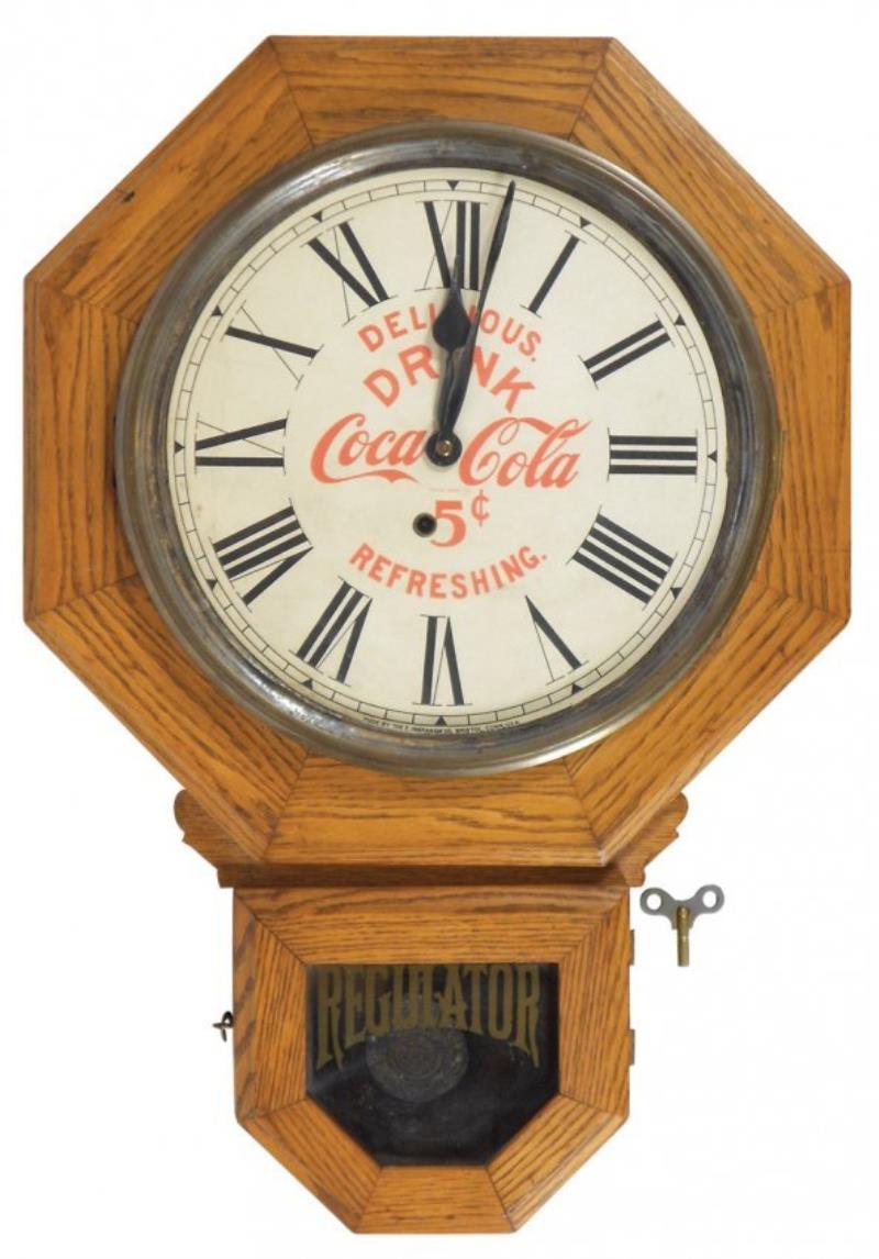 Clock, octagon school house regulator, oak w/Coca-Cola