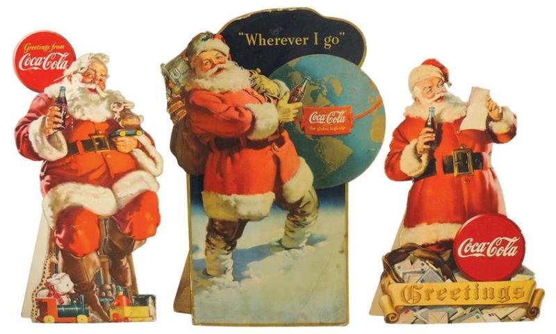 Coca-Cola Santas (3), cdbd diecut easelbacks dated 1945