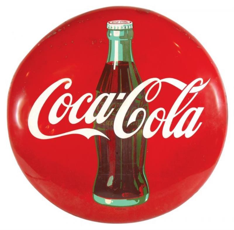 Coca-Cola button sign w/bottle, marked AM 6-57, Good co