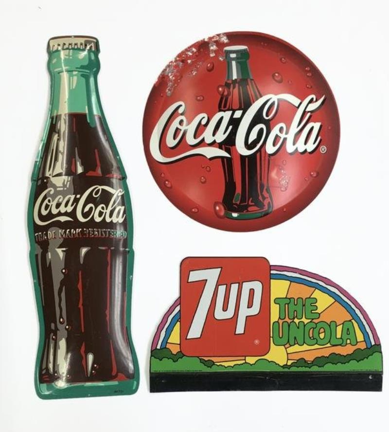 Lot of 3 Advertising Signs - Coca-Cola & 7up.