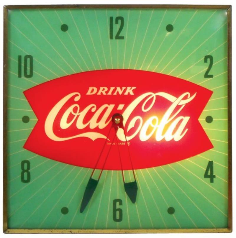 Coca-Cola light-up clock, fishtail logo on green