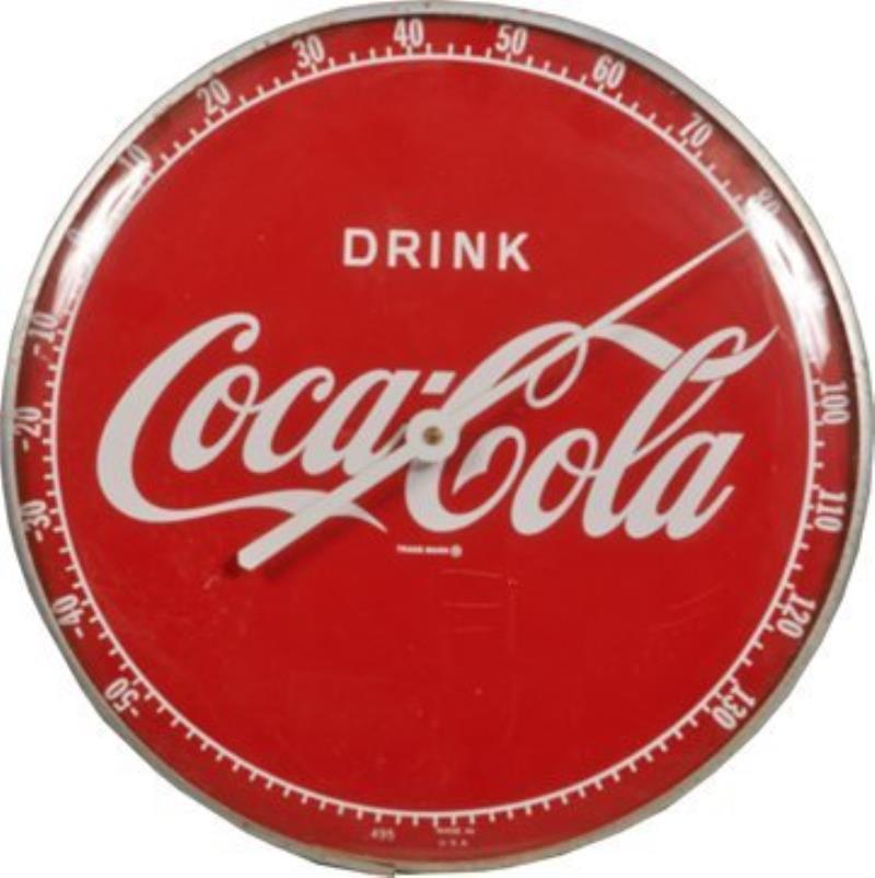 Coca Cola Round Metal Thermometer w/Glass Dial Cover.