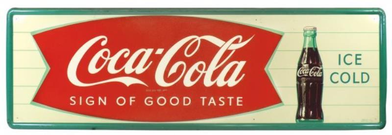 Coca-Cola sign w/fishtail & bottle graphic, self-framed