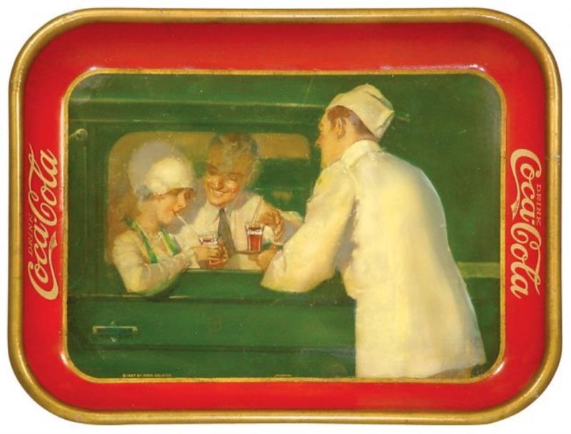 Coca-Cola serving tray, Soda Jerk at Car, c1927, a