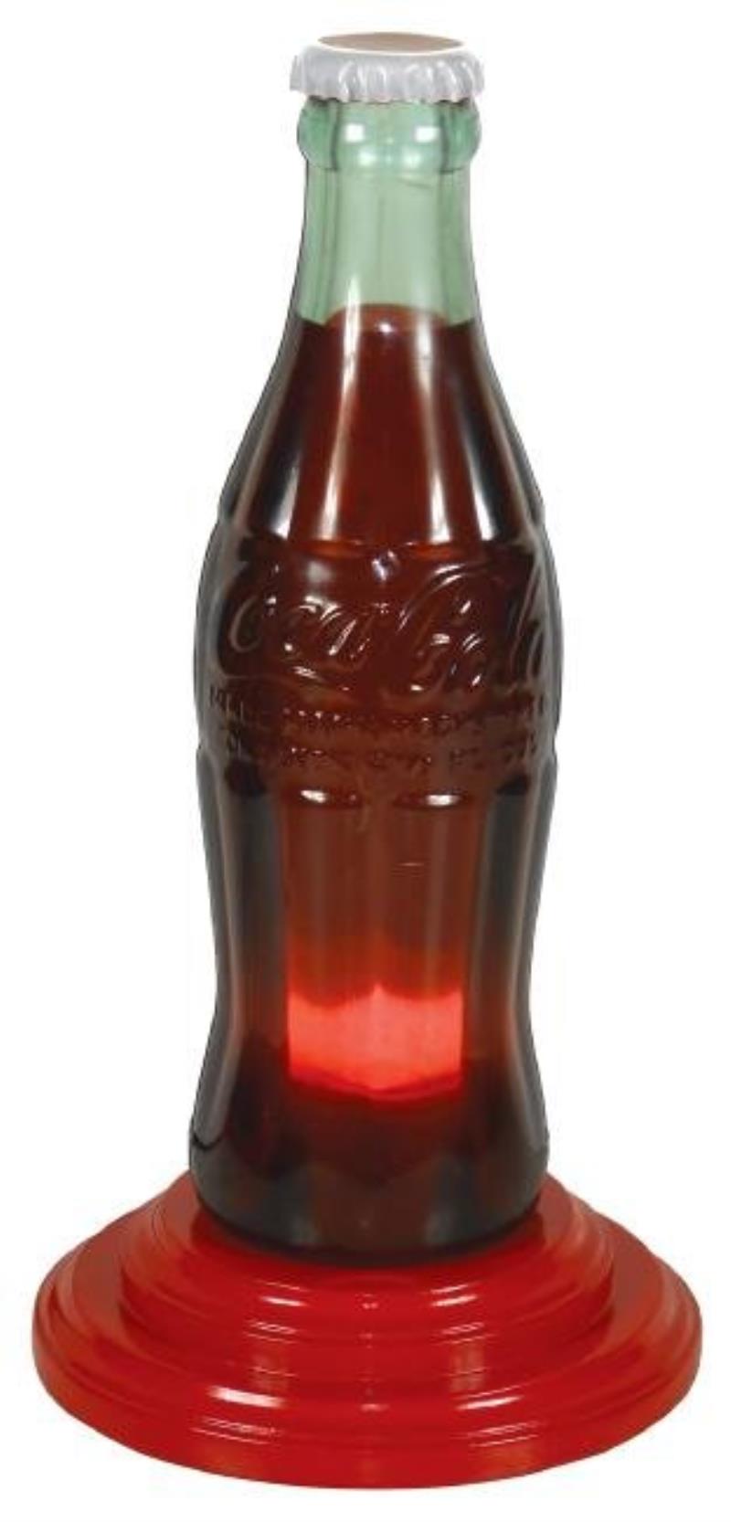 Coca-Cola display bottle on lightup wood base, Lucite